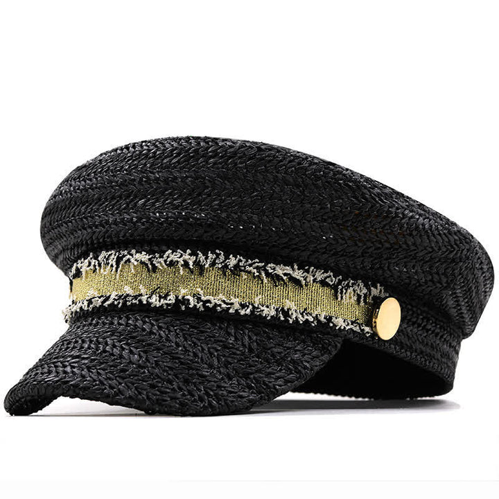 Béret en paille crochetée à dessus plat pour femme, bleu marine