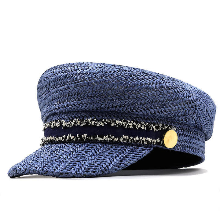 Béret en paille crochetée à dessus plat pour femme, bleu marine