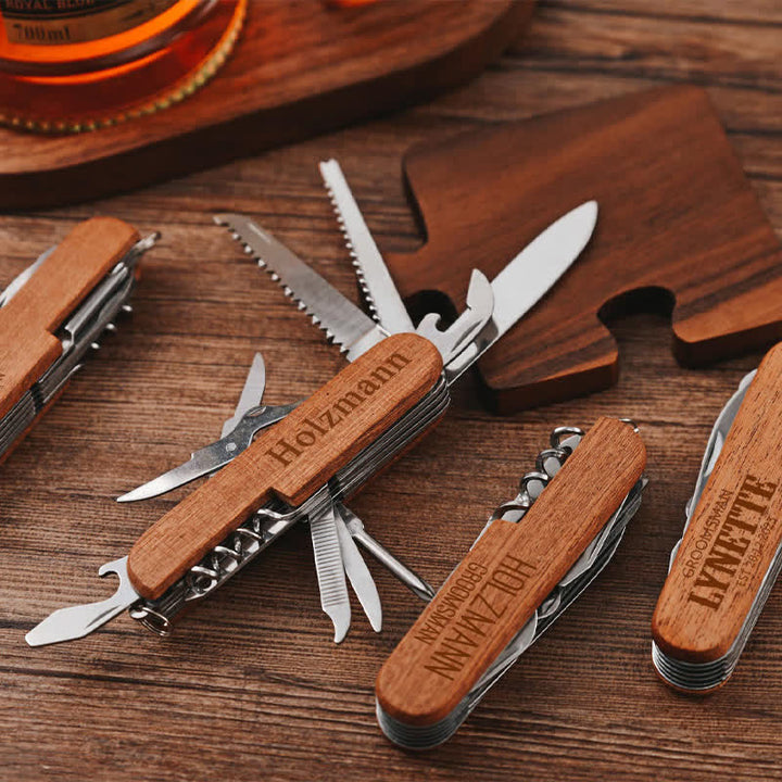 Couteau multifonction 11 en 1 à découper sur mesure, ouvre-bouteille en bois