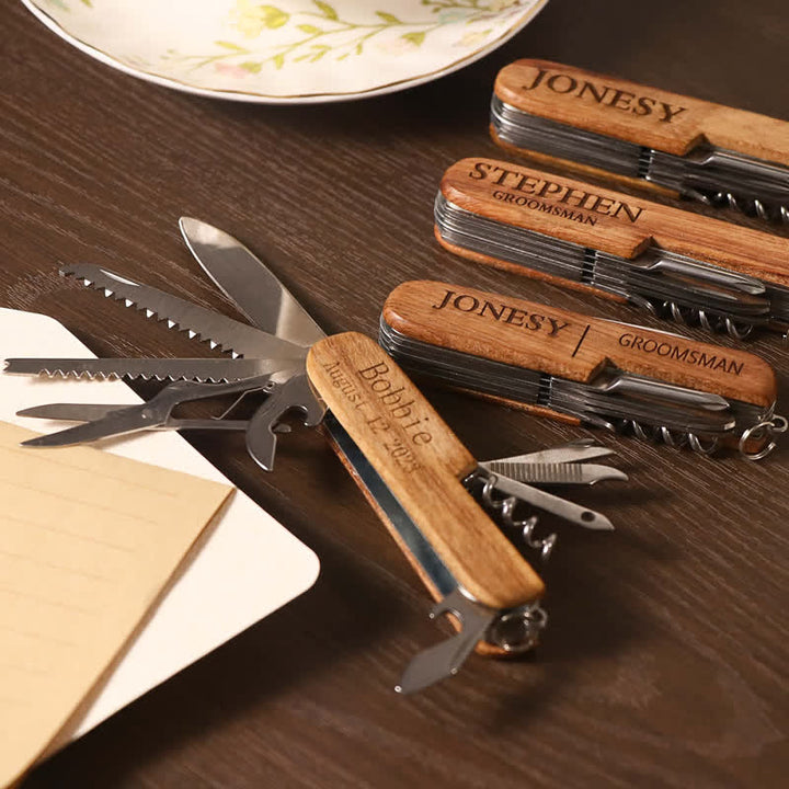 Couteau multifonction 11 en 1 à découper sur mesure, ouvre-bouteille en bois