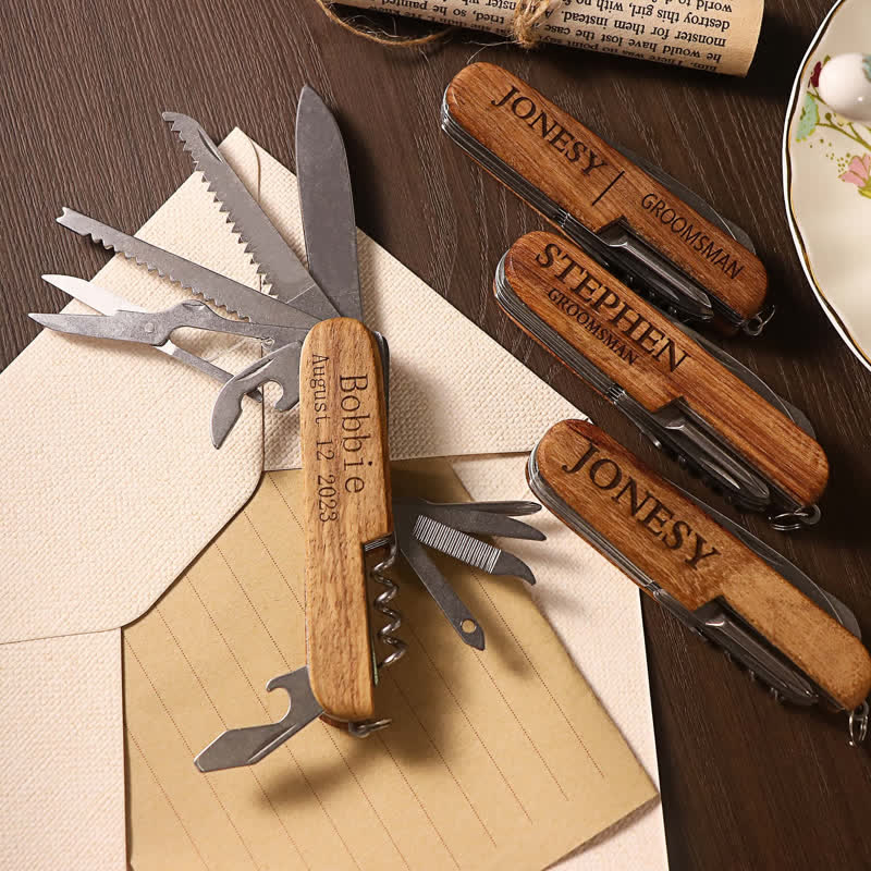 Couteau multifonction 11 en 1 à découper sur mesure, ouvre-bouteille en bois