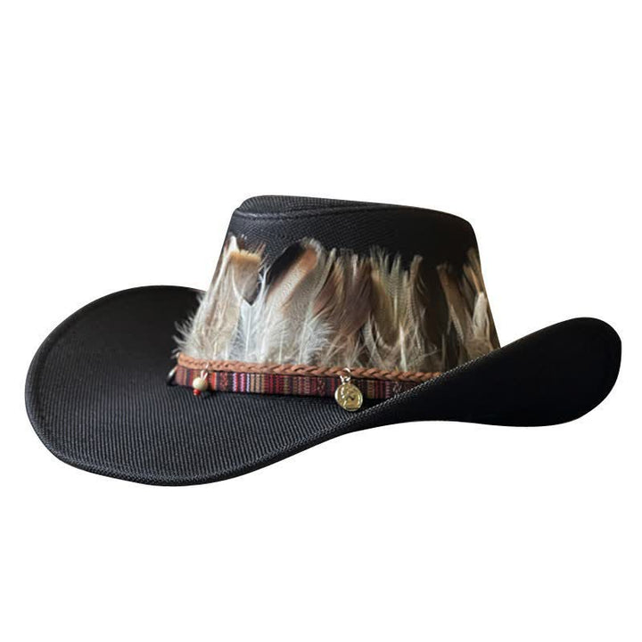 Chapeau de cowboy occidental à large bord et bande de plumes de style ethnique