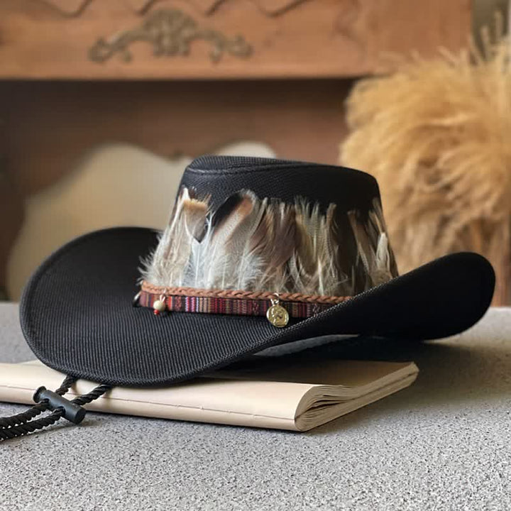 Chapeau de cowboy occidental à large bord et bande de plumes de style ethnique - Noir - M (22"-22 7/8") - image 1
