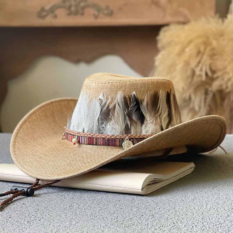 Chapeau de cowboy occidental à large bord et bande de plumes de style ethnique - Chameau - M (22"-22 7/8") - image 3