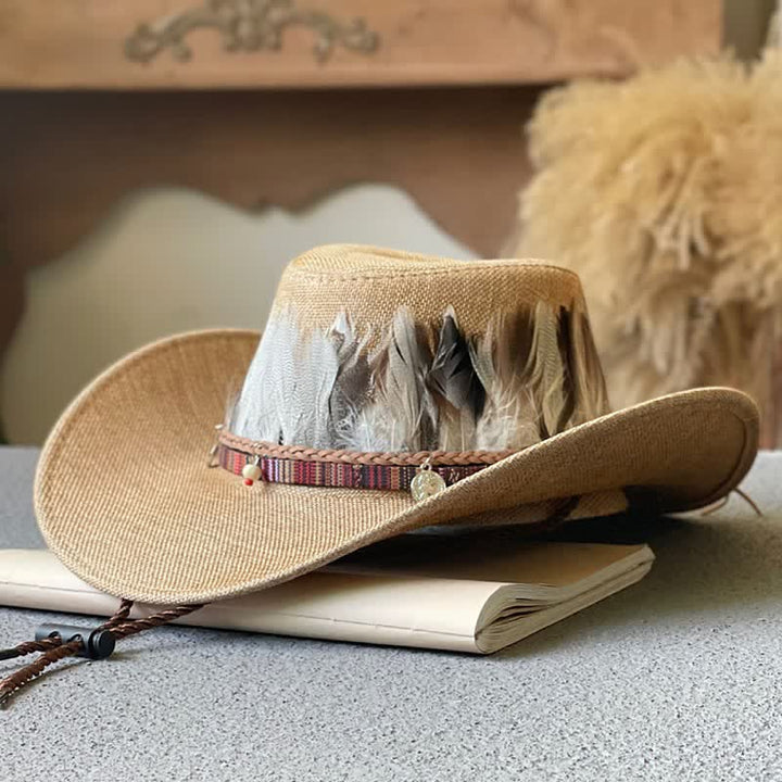 Chapeau de cowboy occidental à large bord et bande de plumes de style ethnique - Chameau - M (22"-22 7/8") - image 3