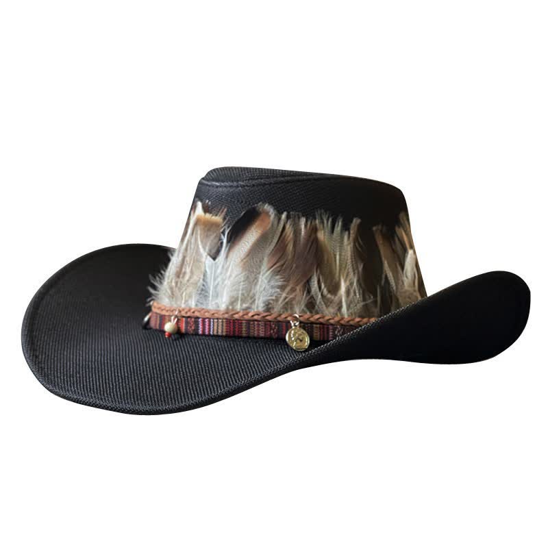 Chapeau de cowboy occidental à large bord et bande de plumes de style ethnique - image 0