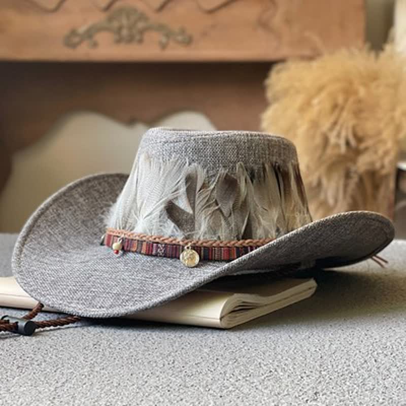 Chapeau de cowboy occidental à large bord et bande de plumes de style ethnique - Gris - M (22"-22 7/8") - image 5