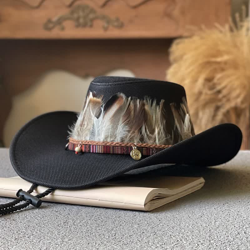 Chapeau de cowboy occidental à large bord et bande de plumes de style ethnique - Noir - M (22"-22 7/8") - image 1