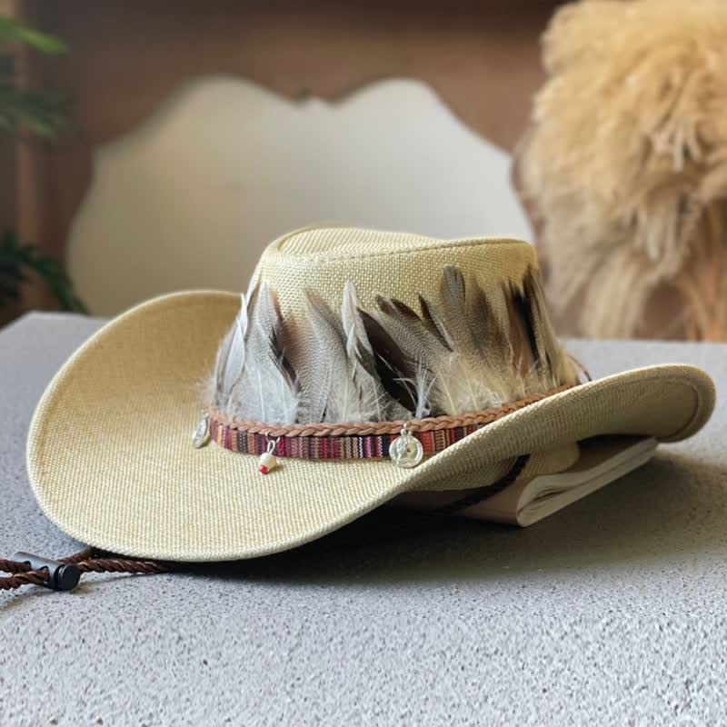 Chapeau de cowboy occidental à large bord et bande de plumes de style ethnique - Beige - M (22"-22 7/8") - image 2