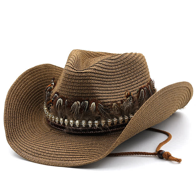 Chapeau de cowboy classique en paille avec bande de plumes d'été - Café - M (22"-22 7/8") - image 4