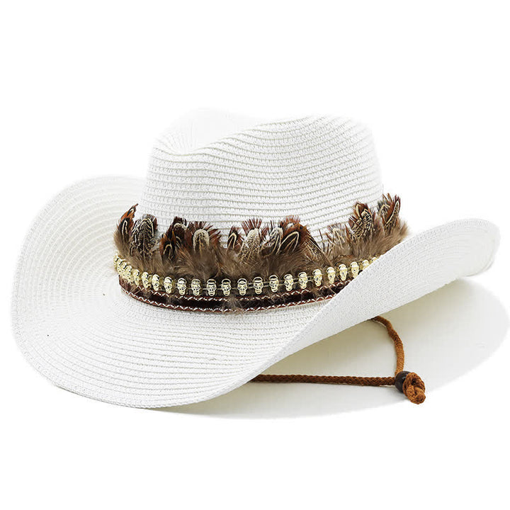 Chapeau de cowboy classique en paille avec bande de plumes d'été - Blanc - M (22"-22 7/8") - image 9