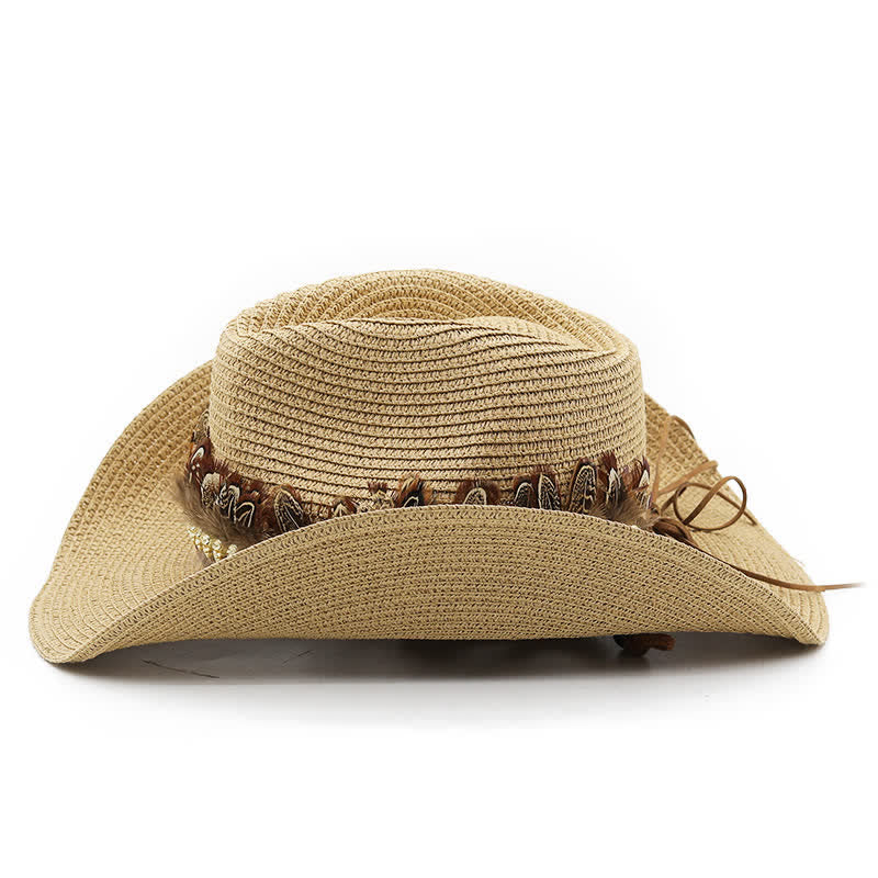 Chapeau de cowboy classique en paille avec bande de plumes d'été - image 2