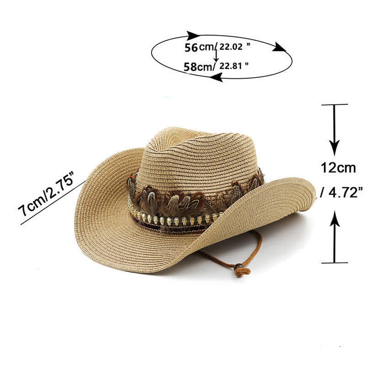 Chapeau de cowboy classique en paille avec bande de plumes d'été - image 3