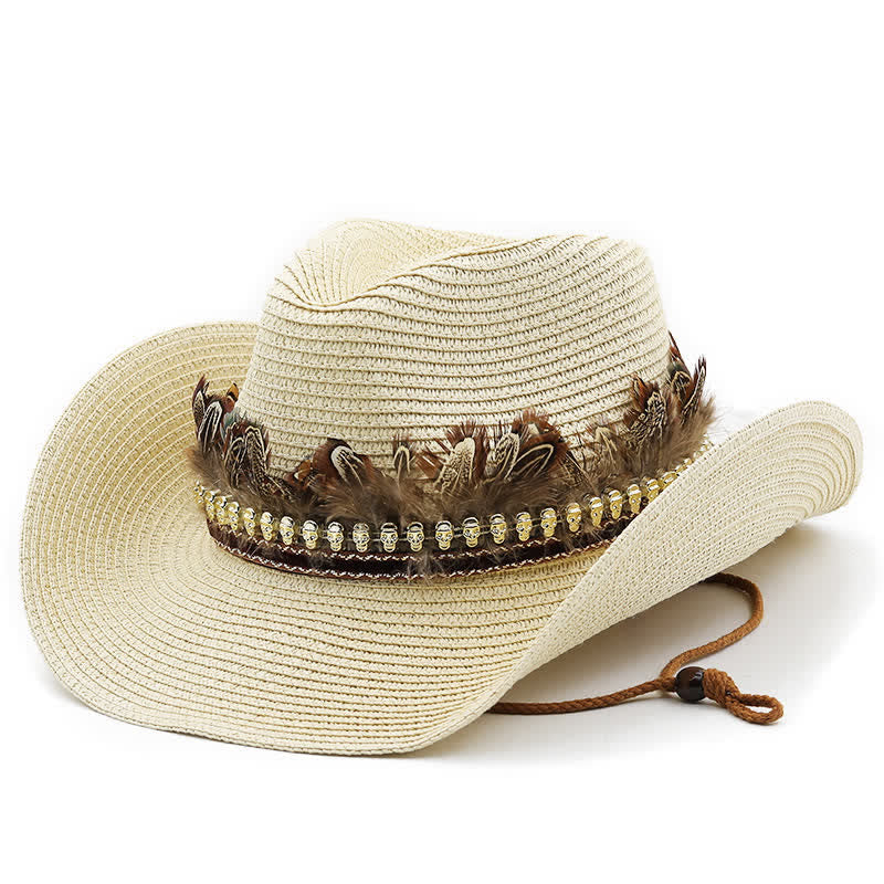 Chapeau de cowboy classique en paille avec bande de plumes d'été - Beige - M (22"-22 7/8") - image 7