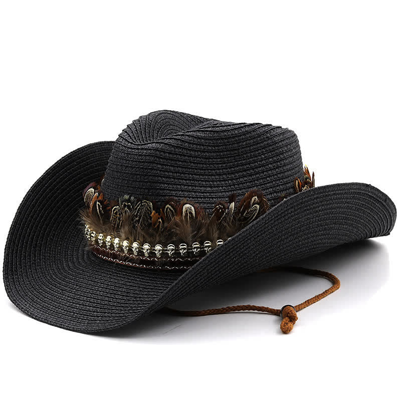 Chapeau de cowboy classique en paille avec bande de plumes d'été - Noir - M (22"-22 7/8") - image 10