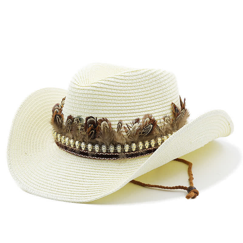 Chapeau de cowboy classique en paille avec bande de plumes d'été - Ivoire - M (22"-22 7/8") - image 8