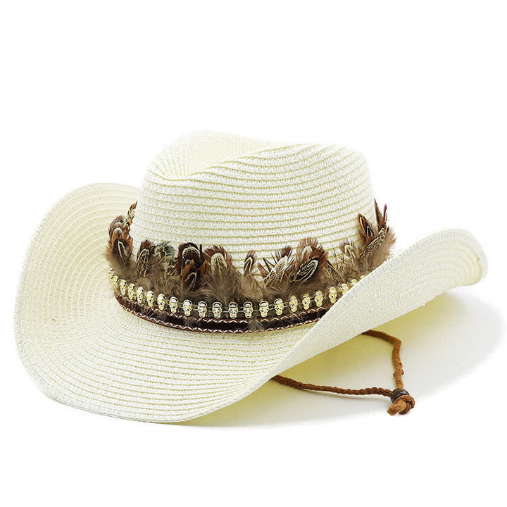 Chapeau de cowboy classique en paille avec bande de plumes d'été - Ivoire - M (22"-22 7/8") - image 8