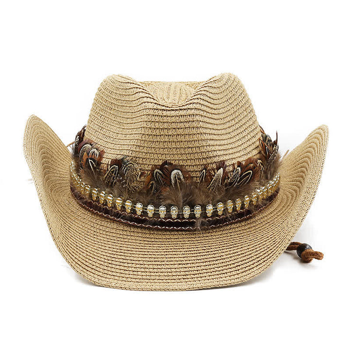 Chapeau de cowboy classique en paille avec bande de plumes d'été