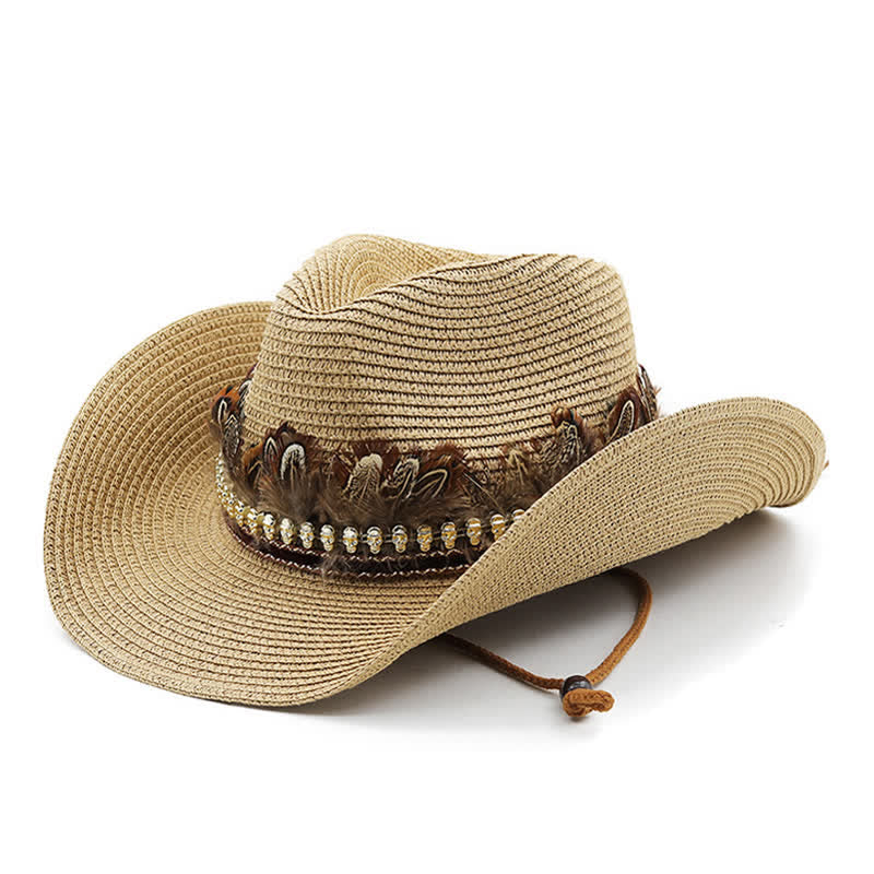 Chapeau de cowboy classique en paille avec bande de plumes d'été - Kaki - M (22"-22 7/8") - image 0