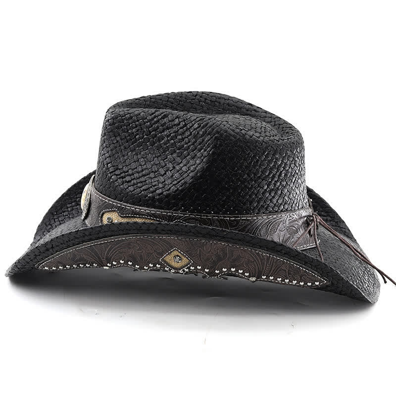 Chapeau de cowboy en paille avec boucle décorative à fleurs vintage et peinture en aérosol - image 1