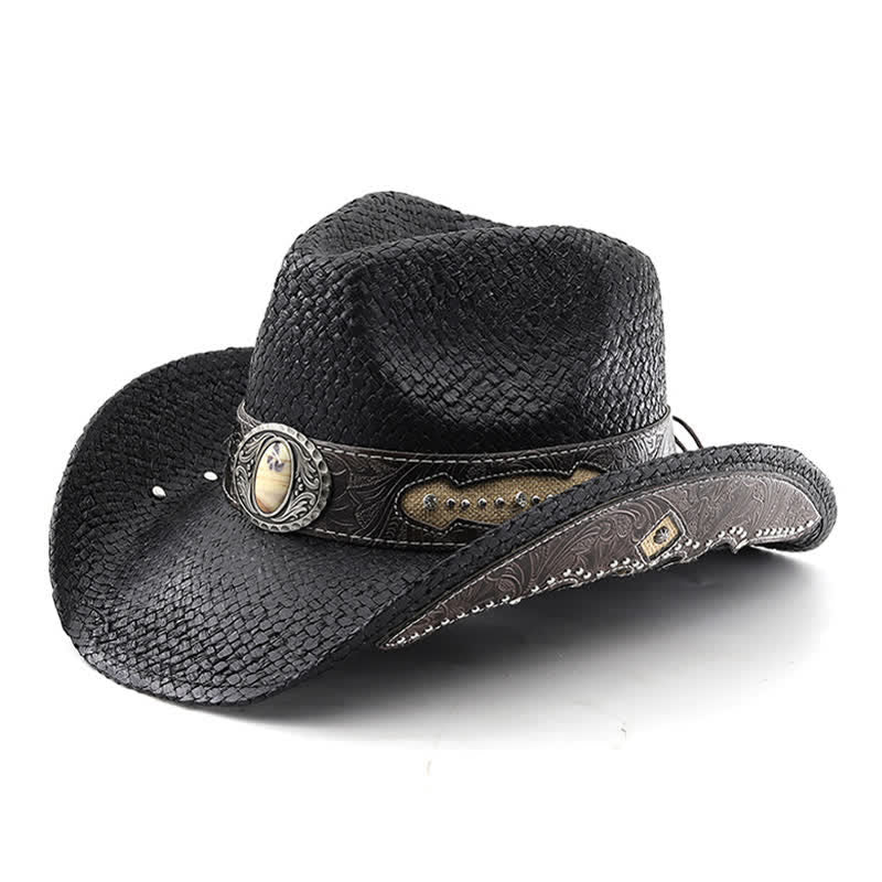 Chapeau de cowboy en paille avec boucle décorative à fleurs vintage et peinture en aérosol - Noir - M (22"-22 7/8") - image 0