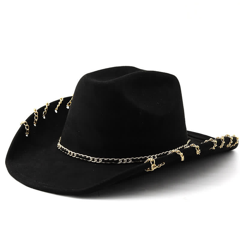 Chapeau de cowboy en daim et velours toutes saisons avec chaîne en métal doré punk - Noir - M (22"-22 7/8") - image 8