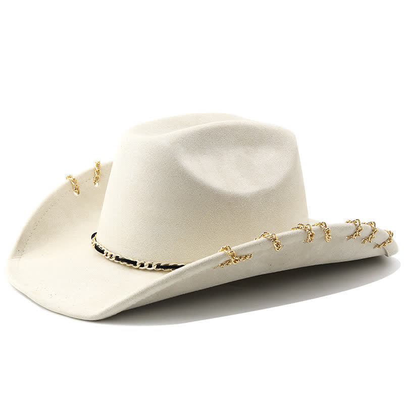 Chapeau de cowboy en daim et velours toutes saisons avec chaîne en métal doré punk - Ivoire - M (22"-22 7/8") - image 10
