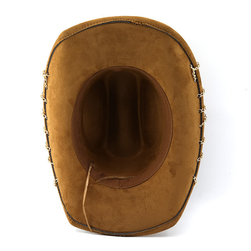Chapeau de cowboy en daim et velours toutes saisons avec chaîne en métal doré punk