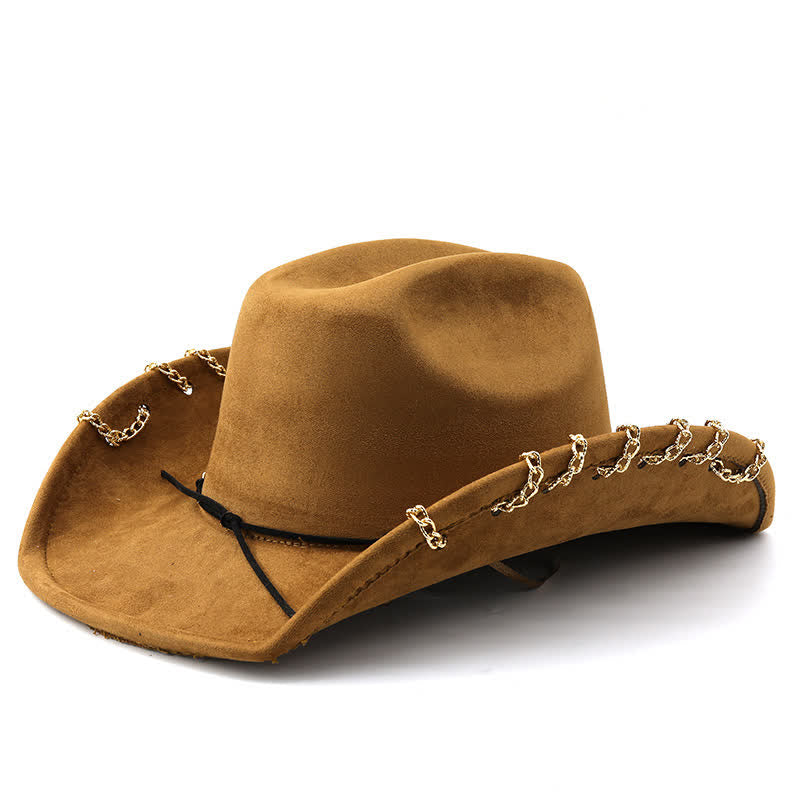 Chapeau de cowboy en daim et velours toutes saisons avec chaîne en métal doré punk