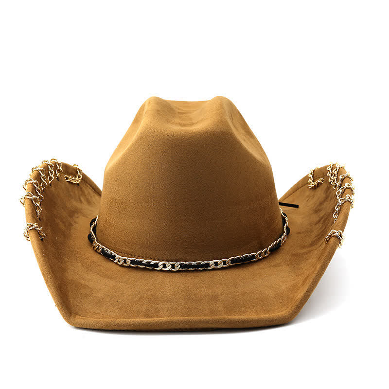 Chapeau de cowboy en daim et velours toutes saisons avec chaîne en métal doré punk