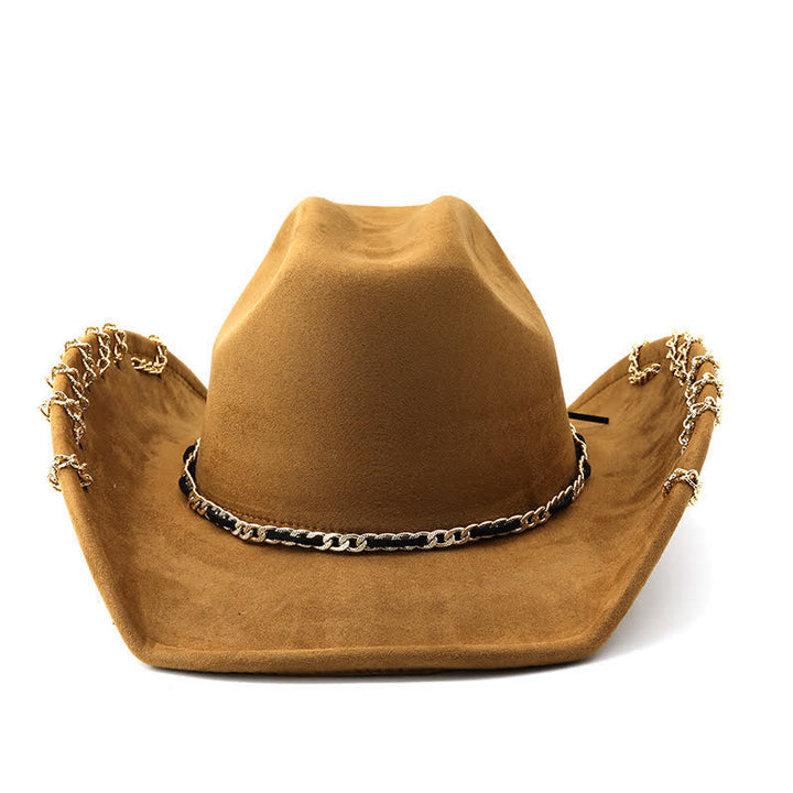 Chapeau de cowboy en daim et velours toutes saisons avec chaîne en métal doré punk