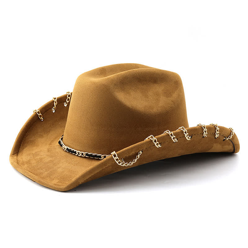Chapeau de cowboy en daim et velours toutes saisons avec chaîne en métal doré punk - Kaki foncé - M (22"-22 7/8") - image 0