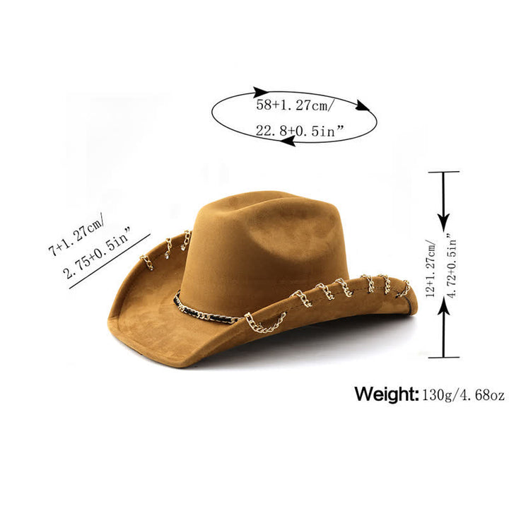 Chapeau de cowboy en daim et velours toutes saisons avec chaîne en métal doré punk