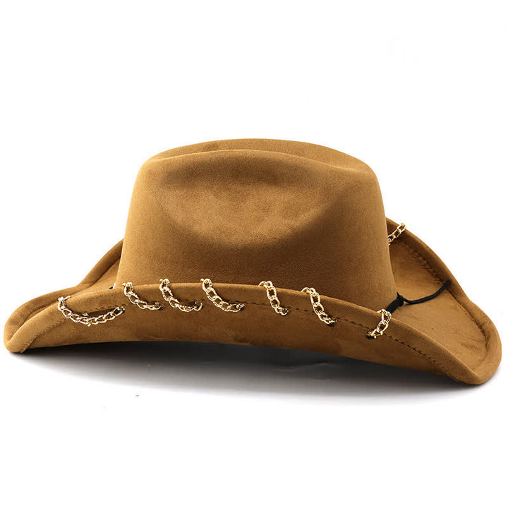 Chapeau de cowboy en daim et velours toutes saisons avec chaîne en métal doré punk