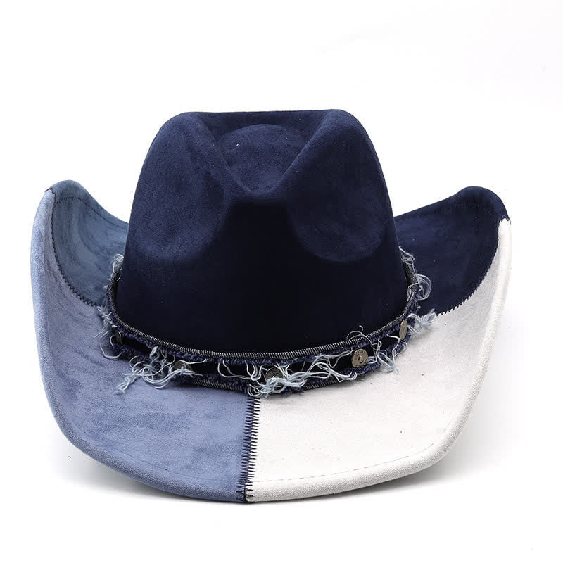 Chapeau de cowboy en velours imitation daim bleu marine et blanc contrasté