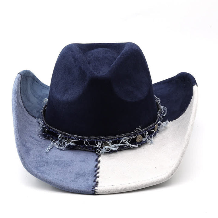 Chapeau de cowboy en velours imitation daim bleu marine et blanc contrasté