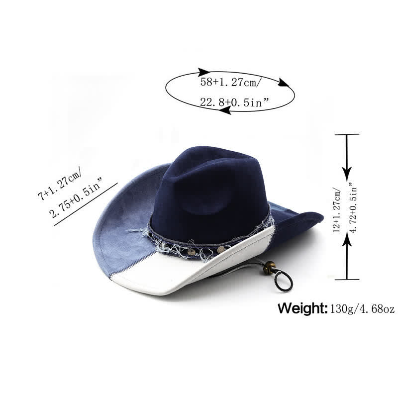 Chapeau de cowboy en velours imitation daim bleu marine et blanc contrasté