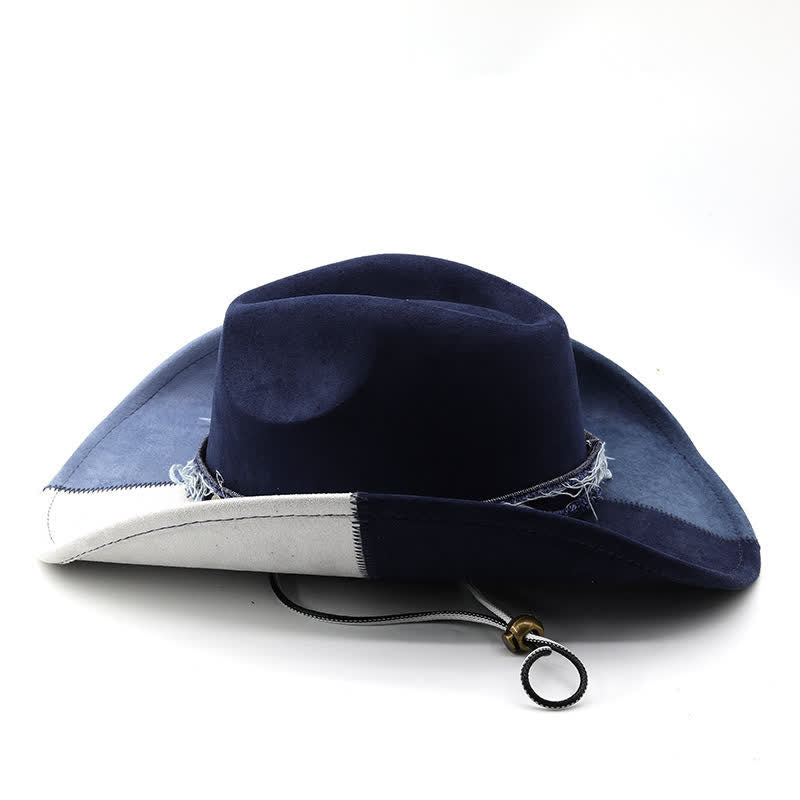 Chapeau de cowboy en velours imitation daim bleu marine et blanc contrasté