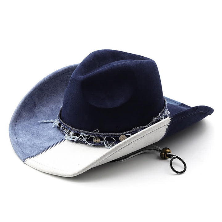 Chapeau de cowboy en velours imitation daim bleu marine et blanc contrasté