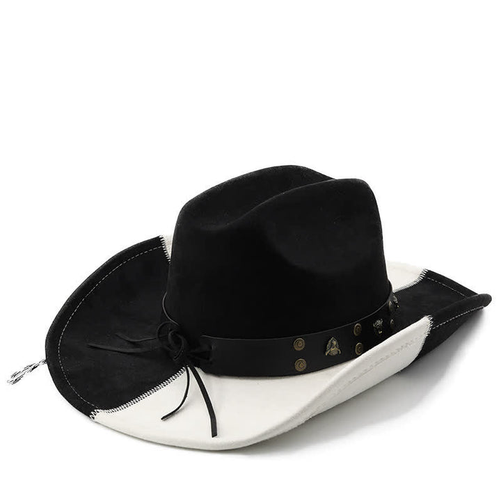 Chapeau de cowboy en similicuir noir et blanc contrasté avec rivets taureau - image 3