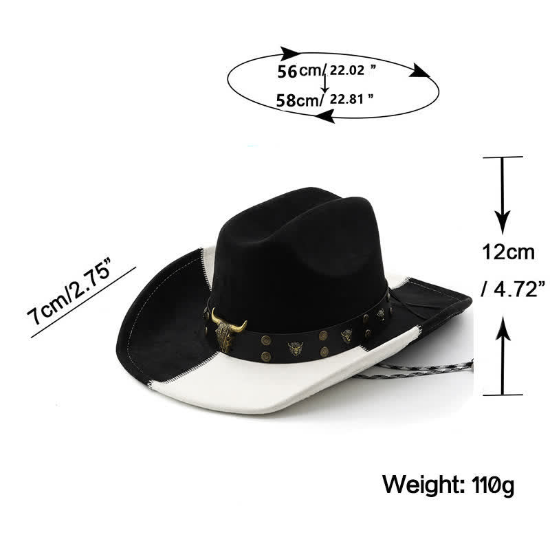 Chapeau de cowboy en similicuir noir et blanc contrasté avec rivets taureau