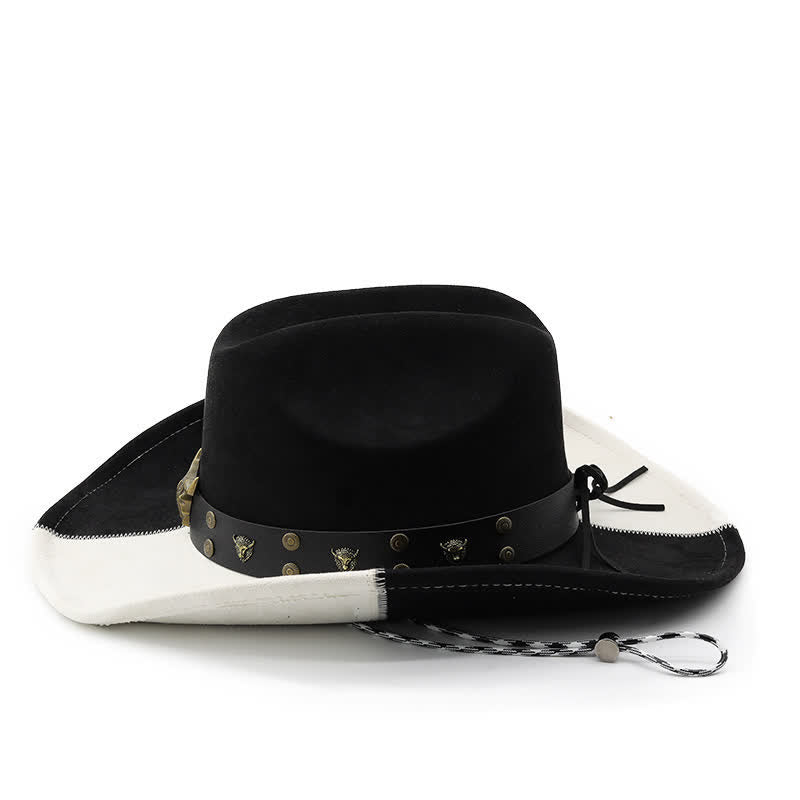 Chapeau de cowboy en similicuir noir et blanc contrasté avec rivets taureau - image 2
