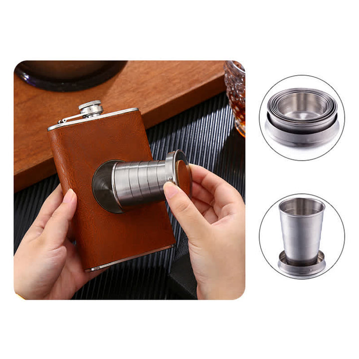 Bouteille isotherme portable en cuir plaqué de 227 ml avec gobelet intégré