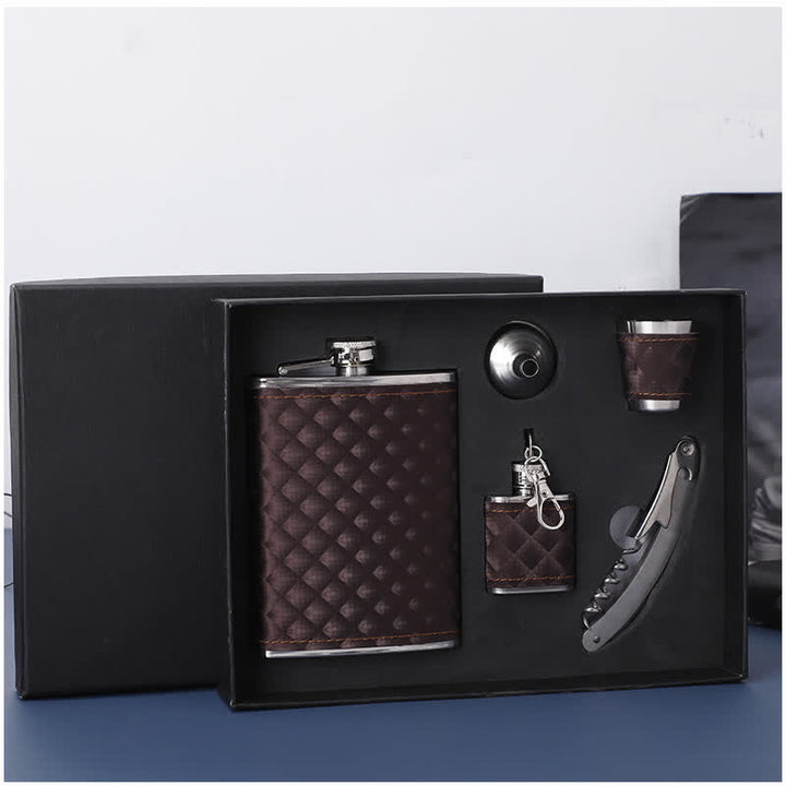 Coffret cadeau 5 pièces en cuir marron avec décapsuleur, petite carafe et flacon de 237 ml