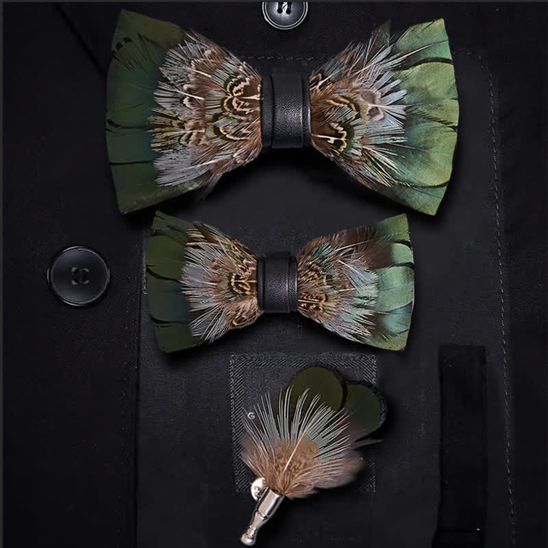Nœud papillon en plumes de faisan vert forêt avec épingle à revers