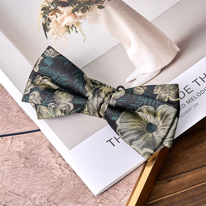 Nœud papillon double épaisseur à motif floral vert foncé pour homme