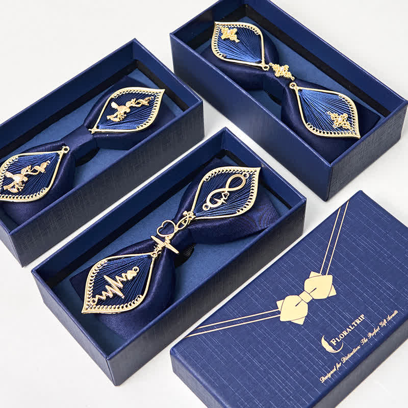 Nœud papillon en métal doré bleu marine pour homme avec branches de phénix