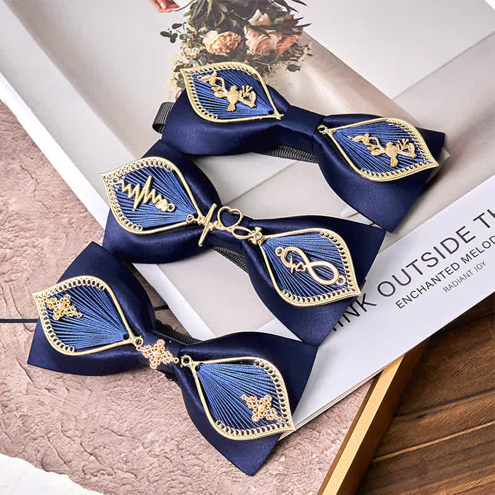Nœud papillon en métal doré bleu marine pour homme avec branches de phénix