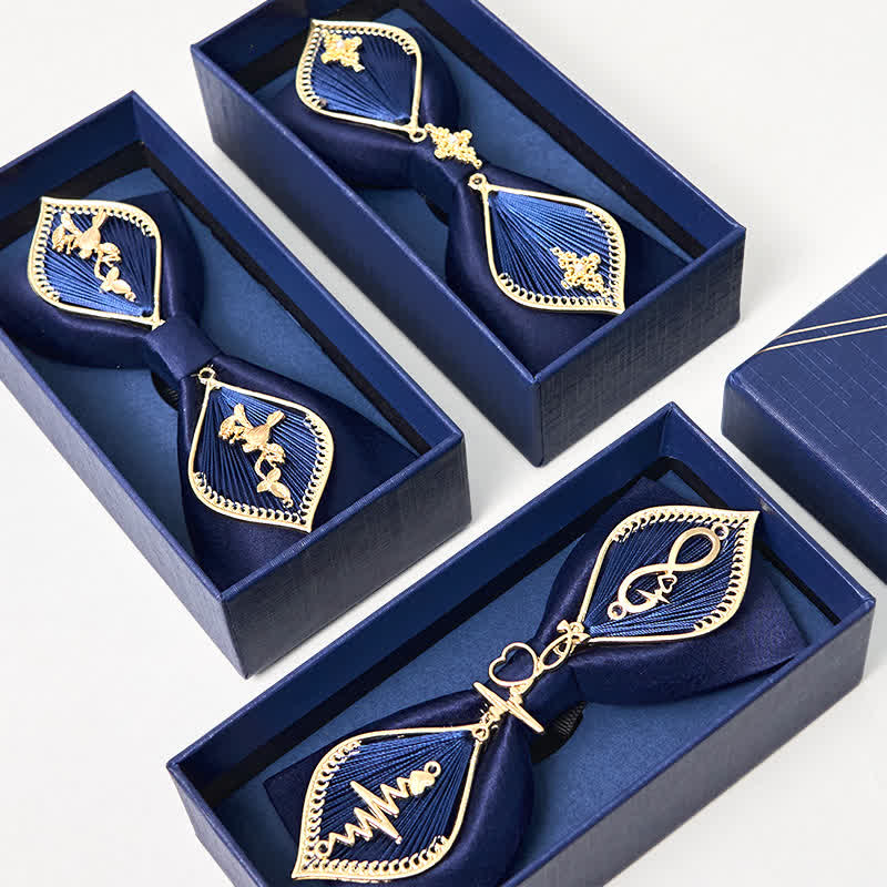 Nœud papillon en métal doré bleu marine pour homme avec branches de phénix