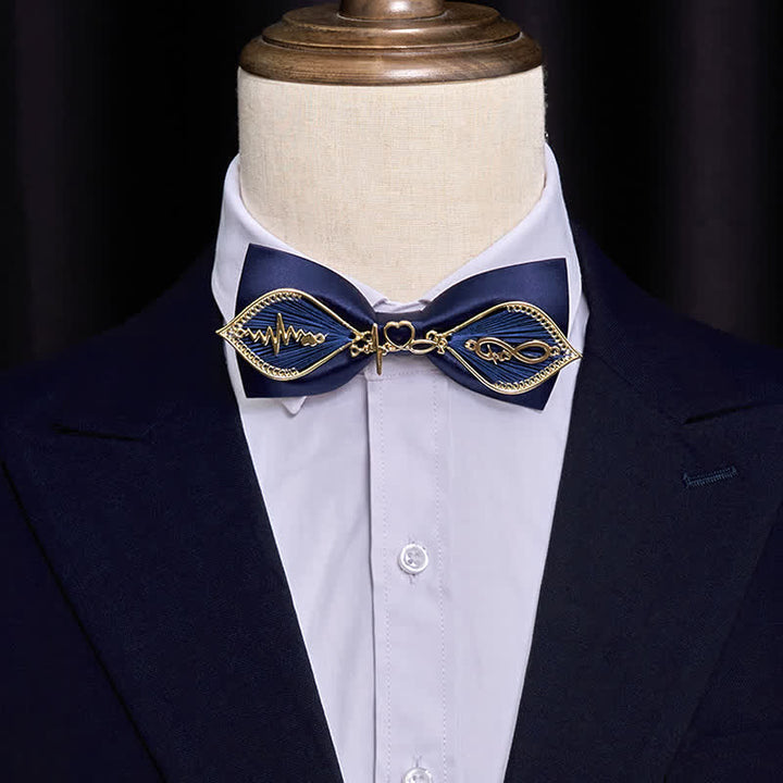 Nœud papillon en métal doré bleu marine pour homme avec branches de phénix